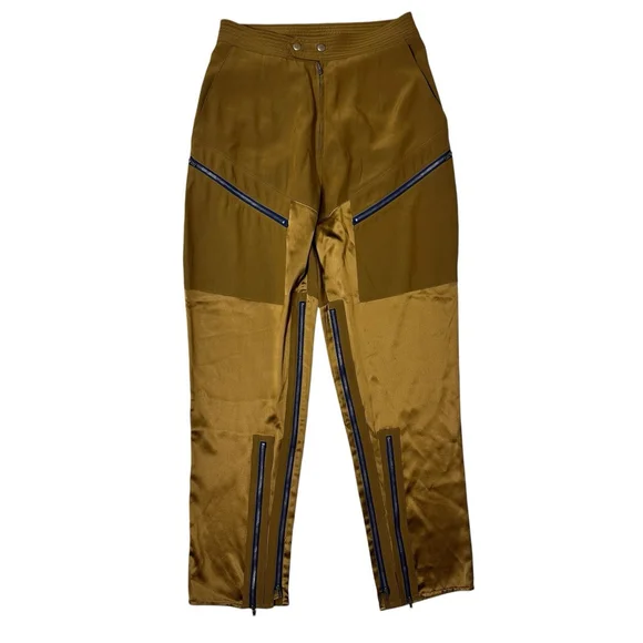 Fleur Du Mal Brown Yellow Zipper Split Hem Pants Cargo 8 EUC LKNEW Silk $545 - Picture 2 of 7